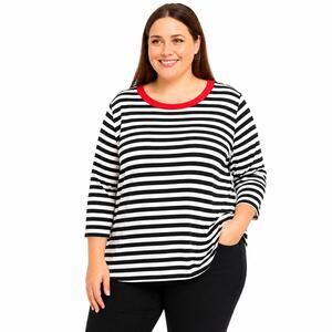 St Johns Bay Womens 0X Black White Striped Tee Red Trim Long Sleeve NWOT